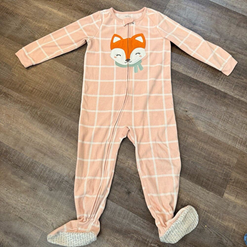 Carter's Girls 4T Fleece Footed One-Piece Sleeper, Pink Plaid Fox Zip